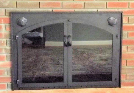 Allison fireplace doors, all black with twin doors standard forged handles smoke glass. Comes with slide mesh spark screen.